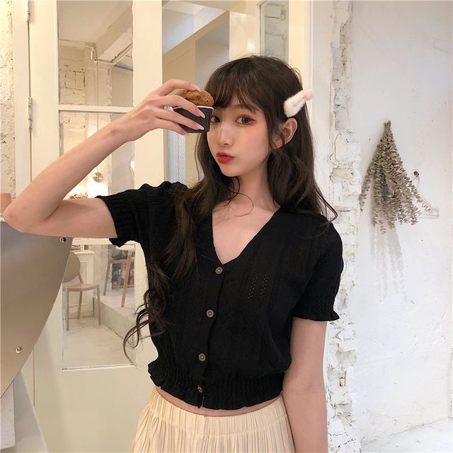 Top Button-Up Perforated Knit Short-Sleeve V-Neck