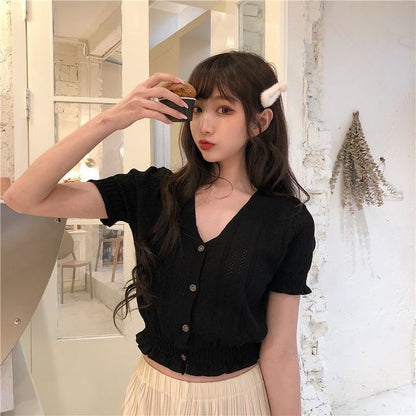 Top Button-Up Perforated Knit Short-Sleeve V-Neck