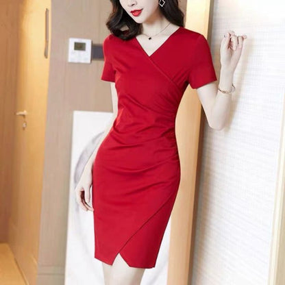 Short-Sleeve V-Neck Plain Wrap Mini Bodycon Dress