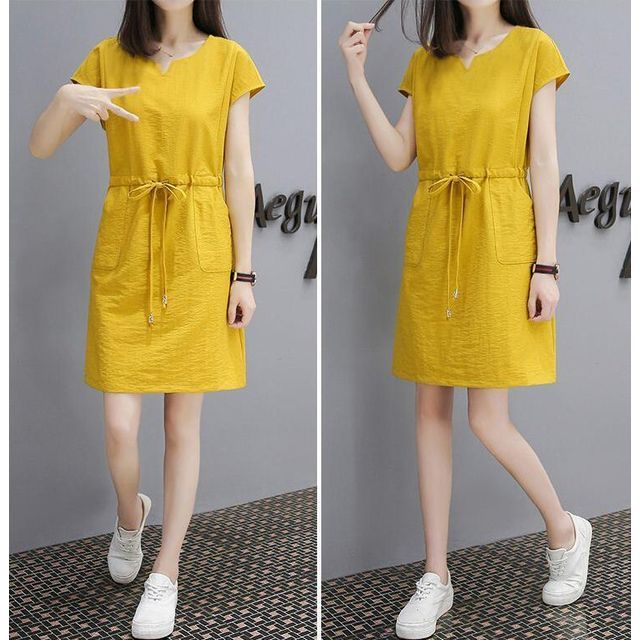 Short-Sleeve V-Neck Plain Drawstring-Waist Mini A-Line Dress