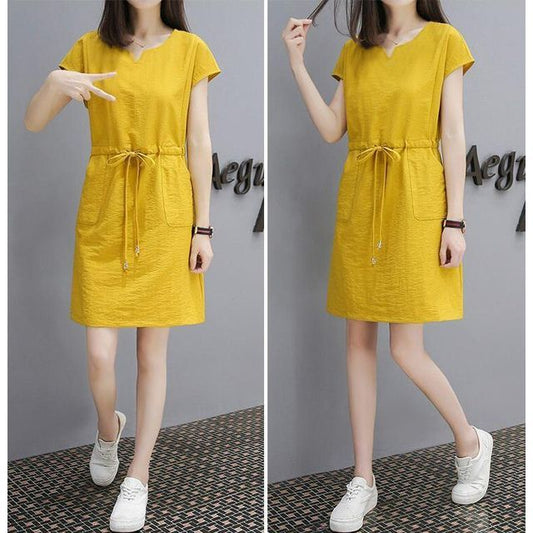 Short-Sleeve V-Neck Plain Drawstring-Waist Mini A-Line Dress