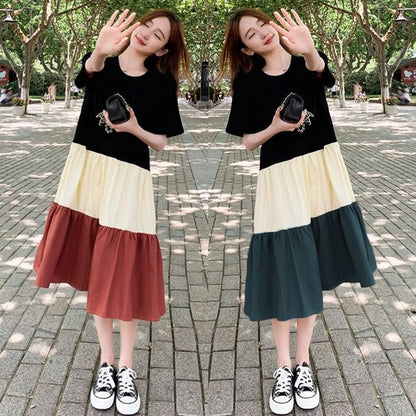 Short-Sleeve Crew Neck Color Block Midi A-Line Dress