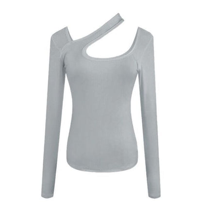 Long-Sleeve Asymmetrical Neck Plain Cutout T-Shirt