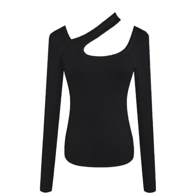 Long-Sleeve Asymmetrical Neck Plain Cutout T-Shirt