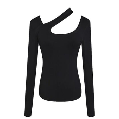 Long-Sleeve Asymmetrical Neck Plain Cutout T-Shirt