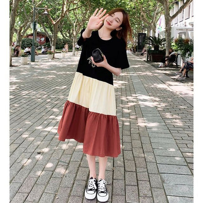 Short-Sleeve Crew Neck Color Block Midi A-Line Dress