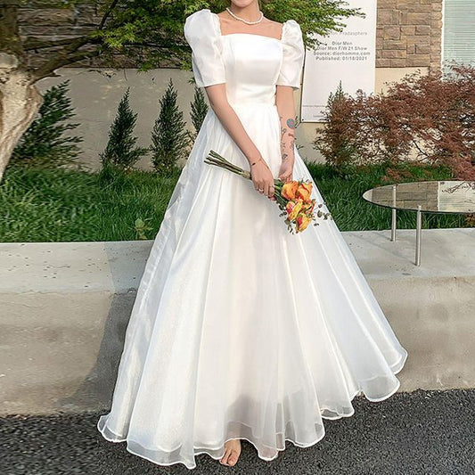 Neck Midi / Plain Square Short-Sleeve Gown Wedding Dress A-Line