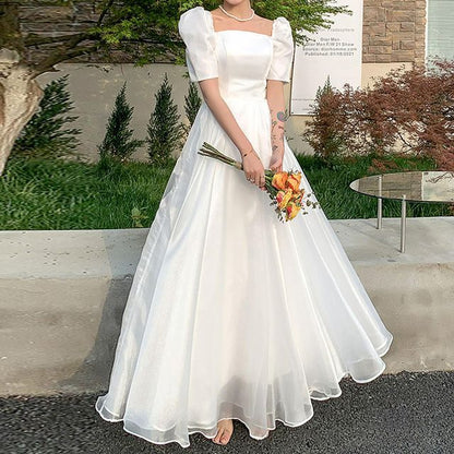 Short-Sleeve Square Neck Plain A-Line Wedding Gown / Midi Dress