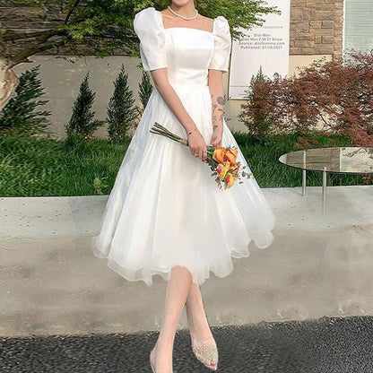 Short-Sleeve Square Neck Plain A-Line Wedding Gown / Midi Dress