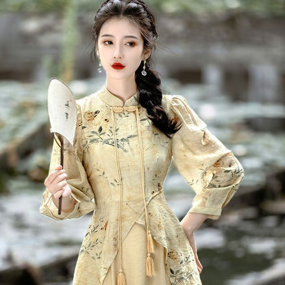 Long-Sleeve Floral Midi A-Line Qipao
