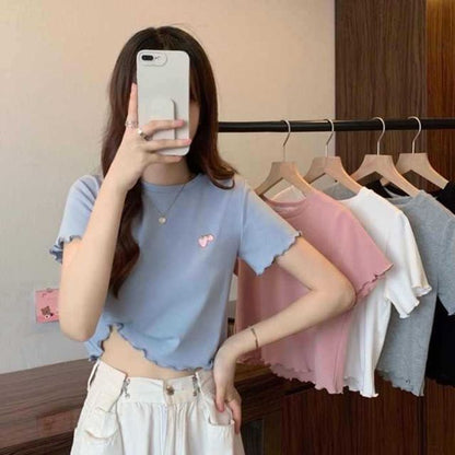 Short-Sleeve Crew Neck Embroidered Crop T-Shirt