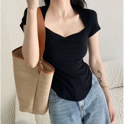 Short-Sleeve Square Neck Plain T-Shirt