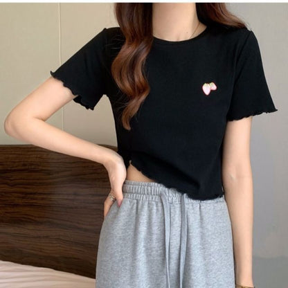 Short-Sleeve Crew Neck Embroidered Crop T-Shirt