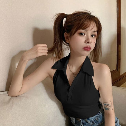 Sleeveless Plain Crop Polo Shirt