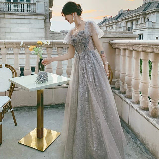 A-Line Short-Sleeve Evening Cocktail Flower Dress Gown / Accent