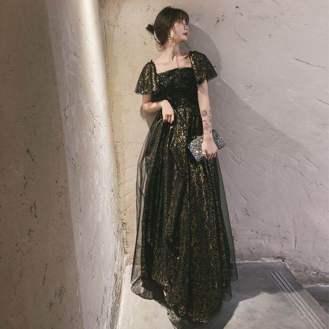 A-Line Short-Sleeve Evening Cocktail Flower Dress Gown / Accent