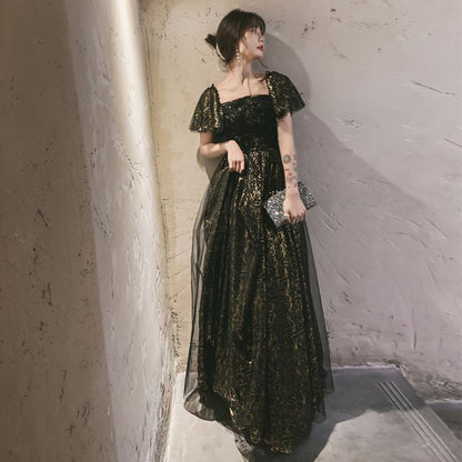 Short-Sleeve Flower Accent A-Line Evening Gown / Cocktail Dress