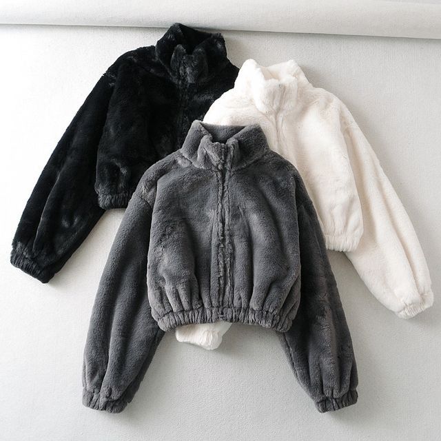 Stand Collar Plain Fluffy Crop Zip-Up Jacket