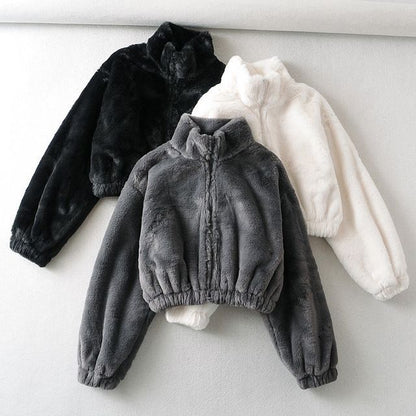 Stand Collar Plain Fluffy Crop Zip-Up Jacket