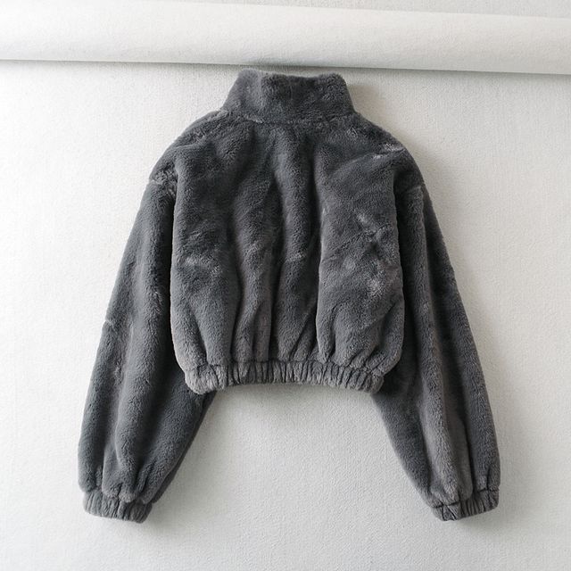 Stand Collar Plain Fluffy Crop Zip-Up Jacket