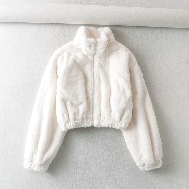 Stand Collar Plain Fluffy Crop Zip-Up Jacket