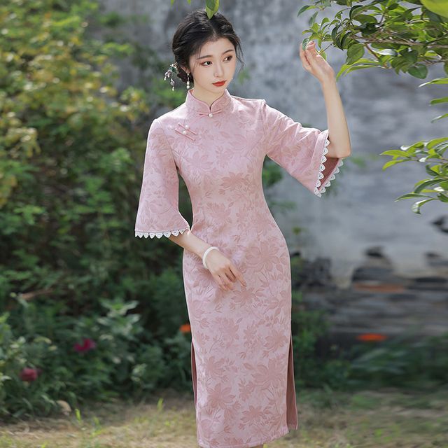 Elbow-Sleeve Faux Pearl Accent Floral Print Lace Trim Midi Qipao