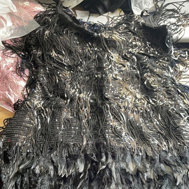 Spaghetti Strap V-Neck Fringe Feather Trim Mini A-Line Party Dress