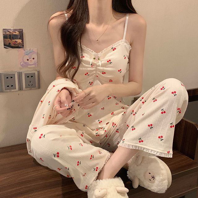 Lace-Trim Pajama Set with Shirt and Pants