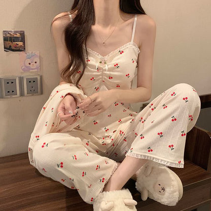 Lace-Trim Pajama Set with Shirt and Pants