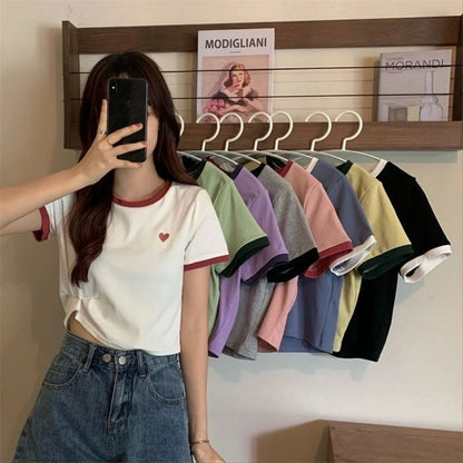 Short-Sleeve Round Neck Heart Contrast Trim Tee