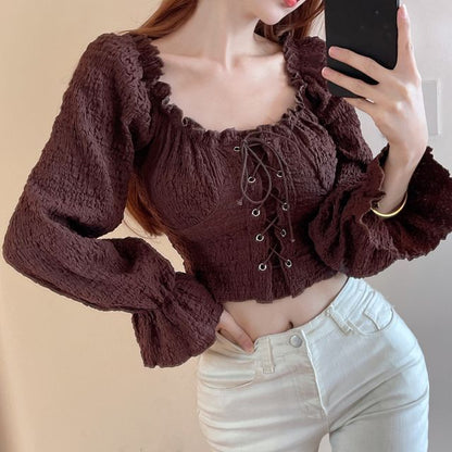 Off-Shoulder Lace-Up Cropped Long-Sleeve Blouse