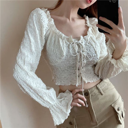 Off-Shoulder Lace-Up Cropped Long-Sleeve Blouse