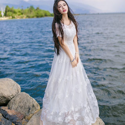 Short-Sleeve Round Neck Plain Flower Embroidered Lace Maxi A-Line Dress