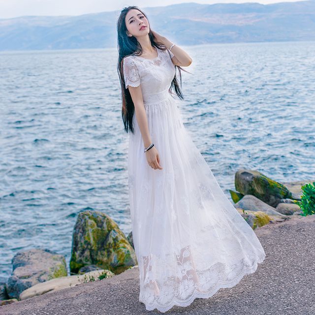 Short-Sleeve Round Neck Plain Flower Embroidered Lace Maxi A-Line Dress