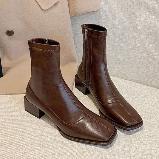 Square Toe Faux Leather Block Heel Short Boots