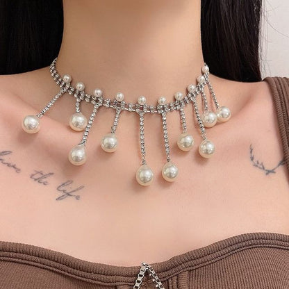 Fringed Rhinestone Faux Alloy Choker Pearl