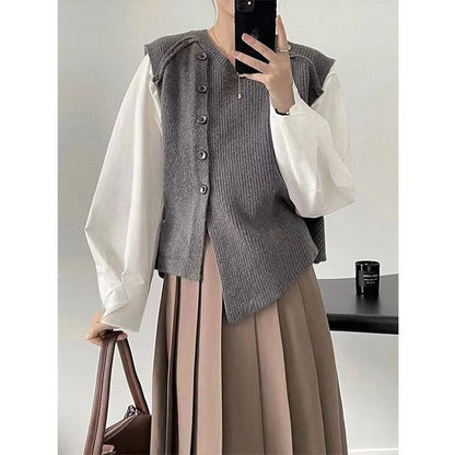 Sweater Button-Up Neck Hem Vest Plain Crew Asymmetrical
