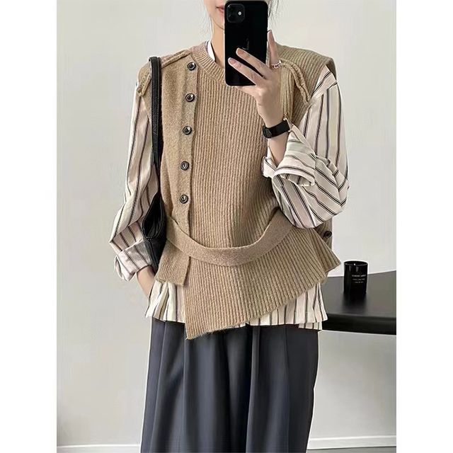 Sweater Button-Up Neck Hem Vest Plain Crew Asymmetrical