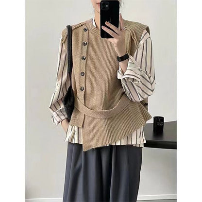 Sweater Button-Up Neck Hem Vest Plain Crew Asymmetrical