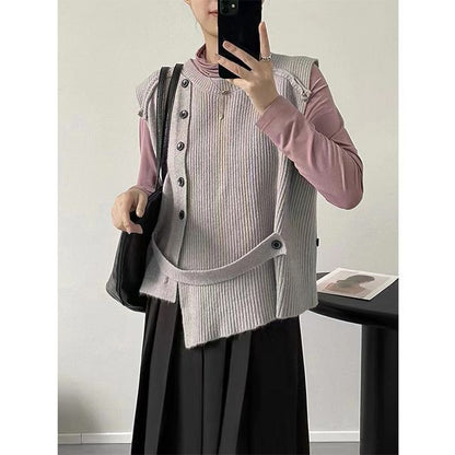 Sweater Button-Up Neck Hem Vest Plain Crew Asymmetrical