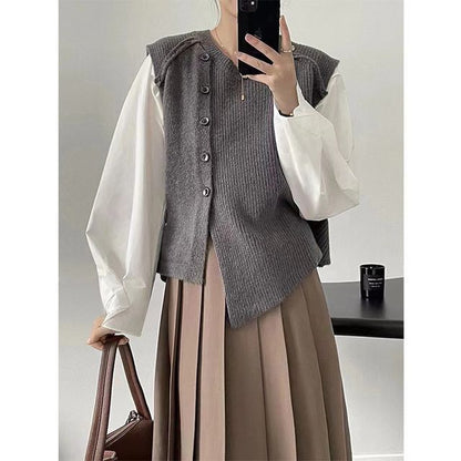 Sweater Button-Up Neck Hem Vest Plain Crew Asymmetrical