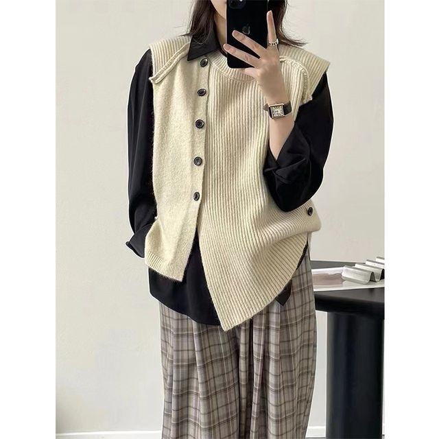 Sweater Button-Up Neck Hem Vest Plain Crew Asymmetrical