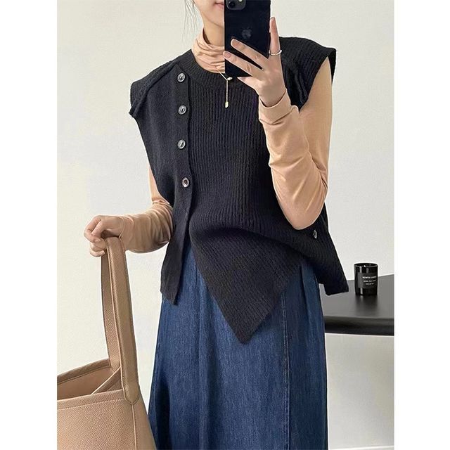 Sweater Button-Up Neck Hem Vest Plain Crew Asymmetrical