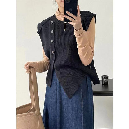 Sweater Button-Up Neck Hem Vest Plain Crew Asymmetrical