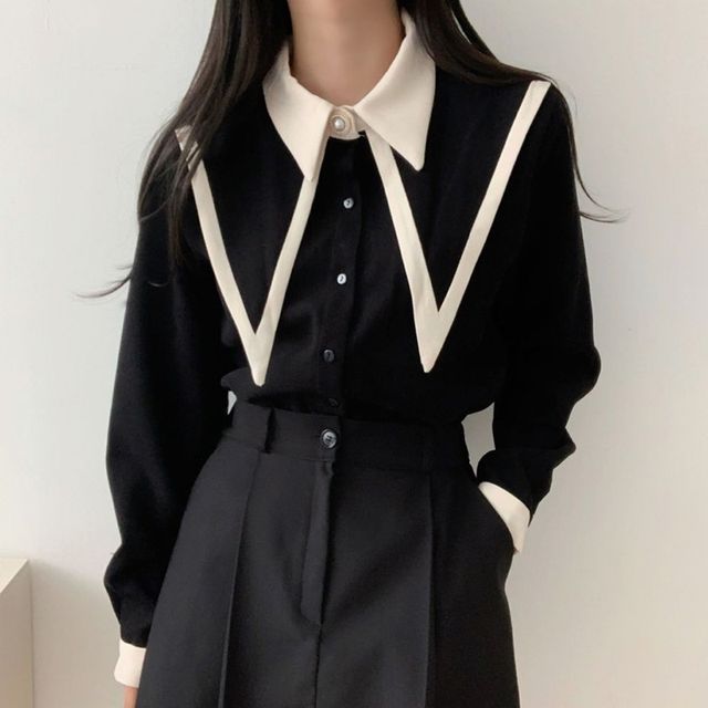 Long-Sleeve Collared Two Tone Shirt