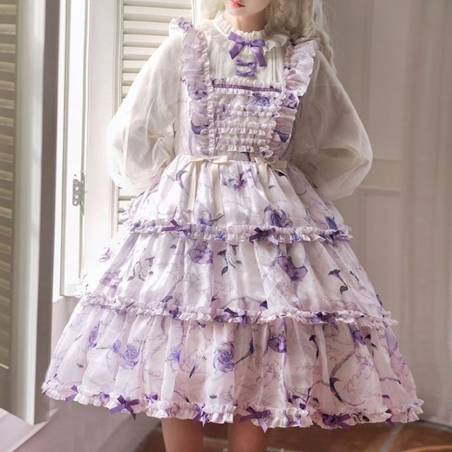 Lolita Long-Sleeve Floral Bow Ruffle Trim Midi A-Line Dress