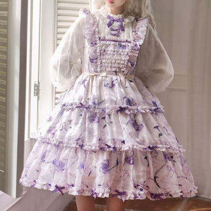 Lolita Langärmliges Midikleid in A-Linie mit Blumenmuster, Schleife und Rüschenbesatz