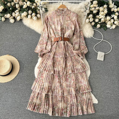 Long-Sleeve Print Layered Maxi A-Line Dress