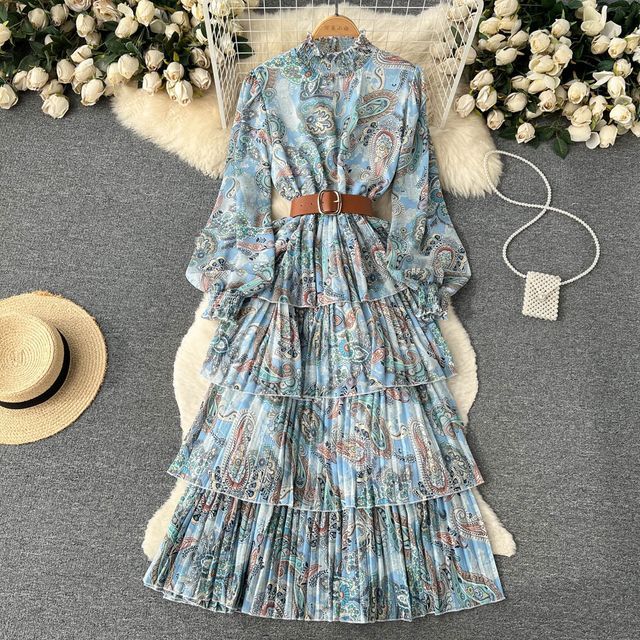 Long-Sleeve Print Layered Maxi A-Line Dress