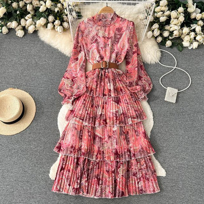 Long-Sleeve Print Layered Maxi A-Line Dress